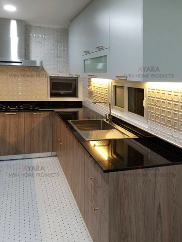 ชุดครัว Built-in โครงซีเมนต์บอร์ด หน้าบาน Laminate สี Kitami Ruster + Melamine สีเทา 3