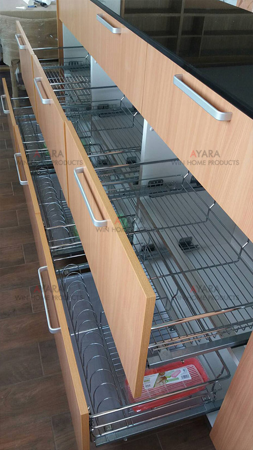 ชุดครัว Built-in ตู้ล่าง โครงซีเมนต์บอร์ด หน้าบาน Melamine สีบีช ลายไม้ 6