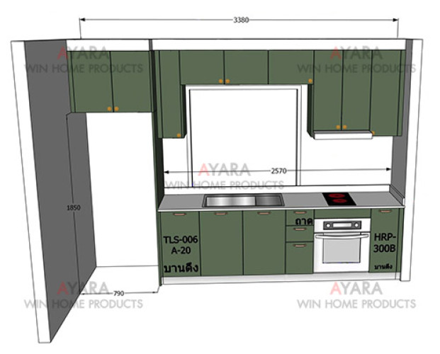 ชุดครัว Built-in โครงซีเมนต์บอร์ด หน้าบาน Hi Gloss สีเขียวด้าน - ม.พฤกษา ซีนเนอรี่ 5