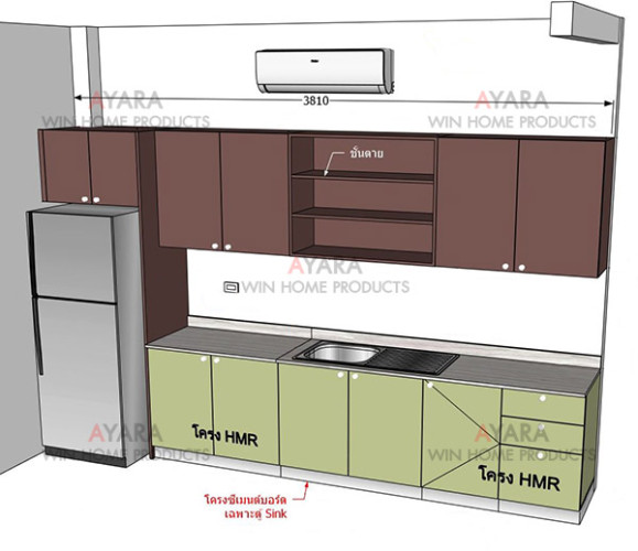 ชุดครัว Built-in โครงซีเมนต์บอร์ด หน้าบาน Melamine สีเขยวอ่อน + แดง 4
