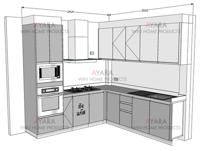 ชุดครัว Built-in โครงซีเมนต์บอร์ด หน้าบาน Hi Gloss สีเทาเงา + ขาวเงา - ม.Perfect Place 7