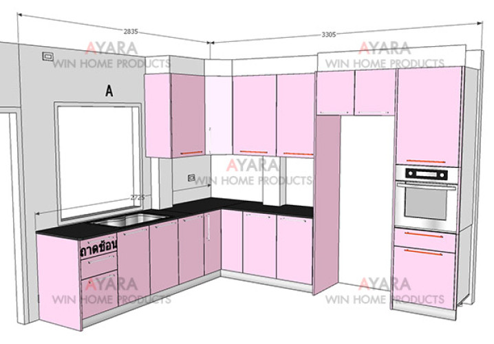 ชุดครัว Built-in ตู้ล่าง โครงซีเมนต์บอร์ด หน้าบาน Hi Gloss สีชมพู 3
