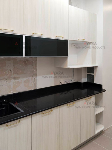 ชุดครัว Built-in โครงซีเมนต์บอร์ด หน้าบาน Melamine สีลายไม้ 1