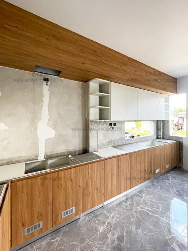 ชุดครัว Built-in โครงซีเมนต์บอร์ด หน้าบาน Laminate สี Eternity Walnut + ขาวด้าน 1