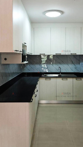 ชุดครัว Built-in โครงซีเมนต์บอร์ด หน้าบาน Laminate สี Prado ลายไม้ 