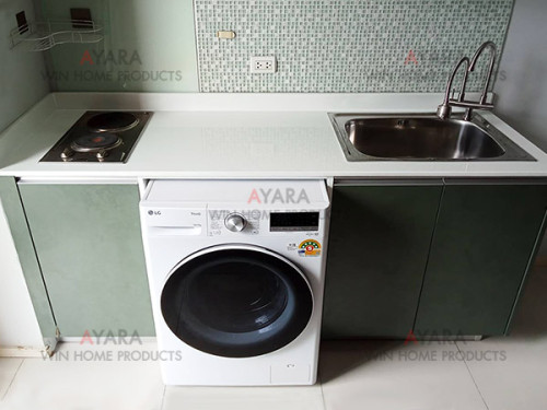 ชุดครัว Built-in โครงซีเมนต์บอร์ด หน้าบาน Melamine สีเขียว