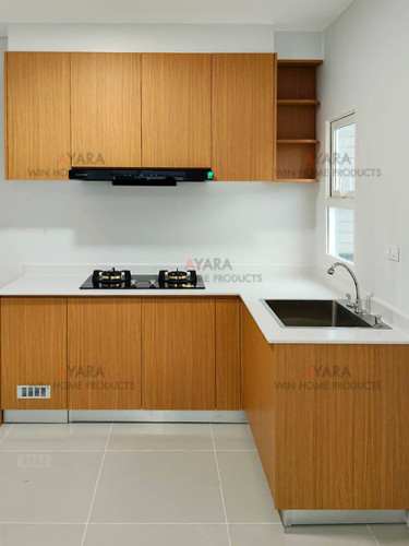 ชุดครัว Built-in โครงซีเมนต์บอร์ด หน้าบาน Melamine สีลายไม้ - ม.Grande Pleno 3
