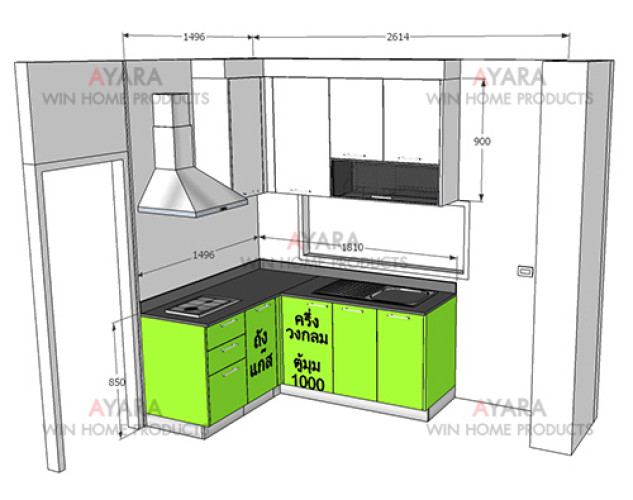 ชุดครัว Built-in ตู้ล่าง โครงซีเมนต์บอร์ด  หน้าบาน PVC สีเขียว + ขาว 6
