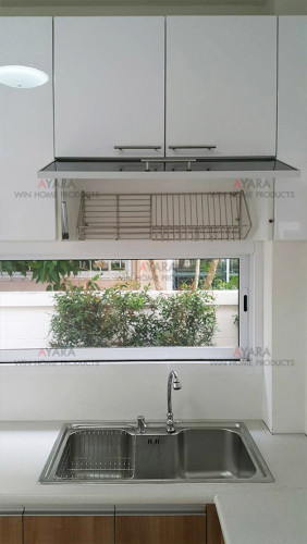 ชุดครัว Built-in ตู้ล่าง โครงซีเมนต์บอร์ด หน้าบาน Melamine สี Capu + PVC สีขาวเงา 8