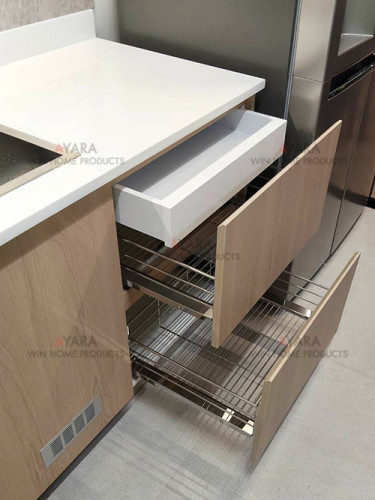 ชุดครัว Built-in โครงซีเมนต์บอร์ด หน้าบาน Melamine สีลายไม้ 4