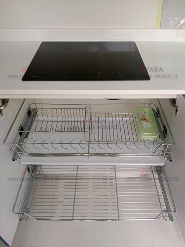 ชุดครัว Built-in โครงซีเมนต์บอร์ด หน้าบาน PVC สีฟ้า เซาะร่อง 5