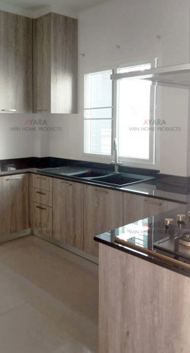 ชุดครัว Built-in ตู้ล่าง โครงซีเมนต์บอร์ด หน้าบาน Melamine สี Pastel 7
