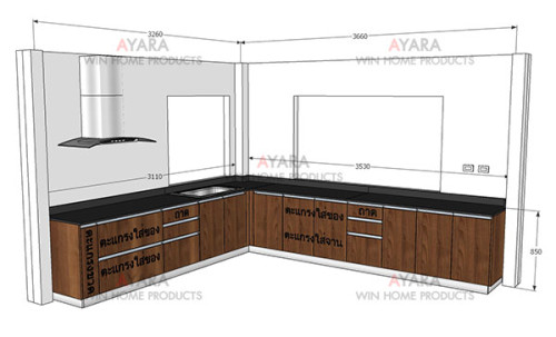 ชุดครัว Built-in ตู้ล่าง โครงซีเมนต์บอร์ด หน้าบาน Laminate สี American Walnut ลายไม้- ม.Casa Ville 8