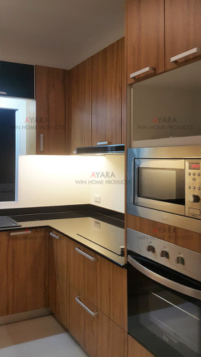 ชุดครัว Built-in ตู้ล่าง โครงซีเมนต์บอร์ด หน้าบาน Laminate สี Classic Walnut - ม.ภัสสร เพรสทีจ ลุกซ์ 2