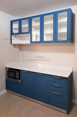 ชุดครัว Built-in ตู้ล่าง โครงปาติเกิล หน้าบาน PVC สีน้ำเงิน เซาะร่อง Stack