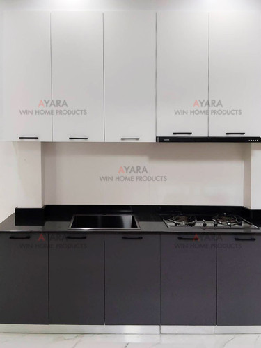 ชุดครัว Built-in โครงซีเมนต์บอร์ด หน้าบาน Melamine สีเทา + ขาว 2