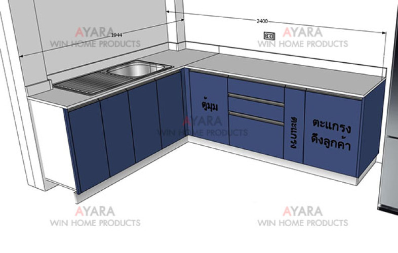 ชุดครัว Built-in โครงซีเมนต์บอร์ด หน้าบาน PVC สีน้ำเงินเข้มด้าน 3
