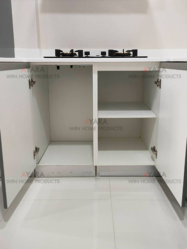 ชุดครัว Built-in โครงซีเมนต์บอร์ด หน้าบาน Hi Gloss สีเทาเงา + ขาวเงา - ม.Perfect Place 4