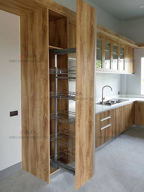 ชุดครัว Built-in ตู้ล่าง โครงซีเมนต์บอร์ด หน้าบาน Melamine สี Pine ลายไม้ 4