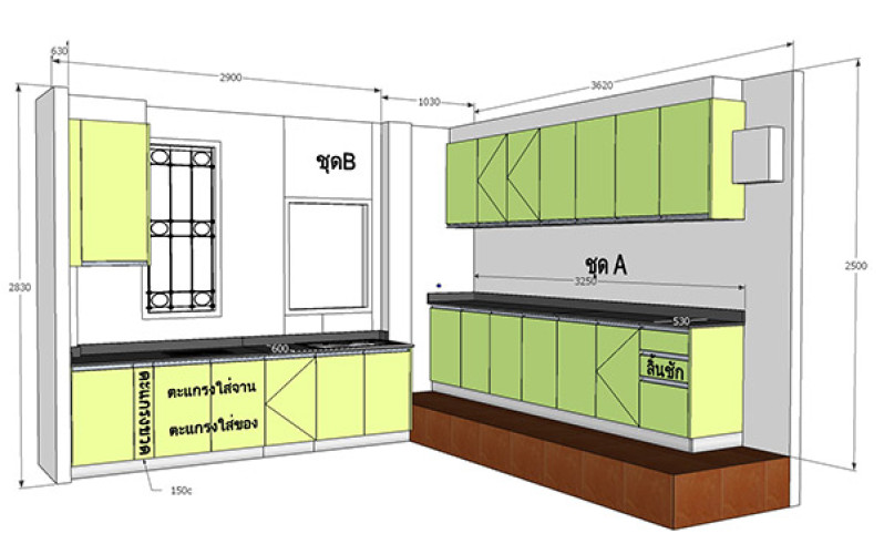 ชุดครัว Built-in ตู้ล่าง โครงซีเมนต์บอร์ด หน้าบาน Hi Gloss + Acrylic สีเขียว 7