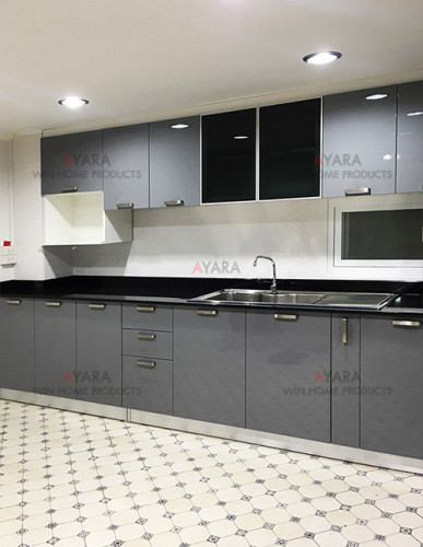 ชุดครัว Built-in ตู้ล่าง โครงซีเมนต์บอร์ด หน้าบาน Hi Gloss สีเทา 1