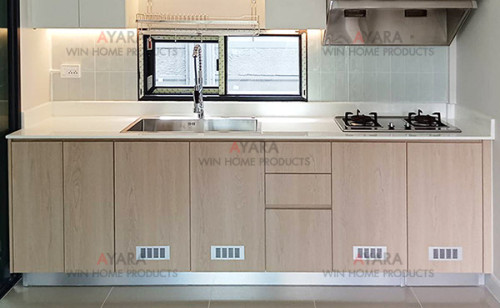 ชุดครัว Built-in โครงซีเมนต์บอร์ด หน้าบาน Melamine สี TNK 3005-12 ลายไม้ - ม.บ้านกลางเมือง