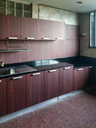 ชุดครัว Built-in ตู้ล่าง โครงซีเมนต์บอร์ด หน้าบาน Laminate สี Acajou Mahogny ลายไม้ 2