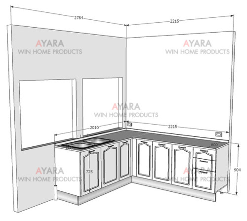 ชุดครัว Built-in ตู้ล่าง โครงซีเมนต์บอร์ด หน้าบาน PVC สีขาวเงา เซาะร่องบานฟัก