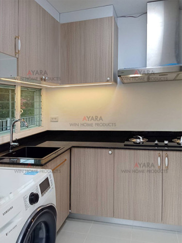 ชุดครัว Built-in โครงซีเมนต์บอร์ด หน้าบาน Laminate สี Deco Walnut - ม.ชัยพฤกษ์