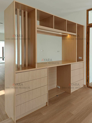ชุดตู้ตี่จู่เอี๊ยะ Built-in โครงและหน้าบาน HMR เคลือบ Melamine สี Brown Oak ลายไม้ 