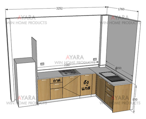 ชุดครัว Built-in ตู้ล่าง โครงซีเมนต์บอร์ด หน้าบาน Melamine สีบีช ลายไม้ 3