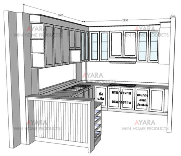 ชุดครัว Built-in ตู้ล่าง โครงซีเมนต์บอร์ด หน้าบาน PVC สีขาวเงา เซาะร่อง 3