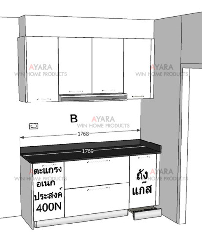 ชุดครัว Built-in ตู้ล่าง โครงซีเมนต์บอร์ด หน้าบาน Laminate สี Ultra White 9