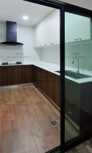 ชุดครัว Built-in โครงซีเมนต์บอร์ด หน้าบาน Melamine สี TNK 5021-12 + TNK 4002-11 ครีม 