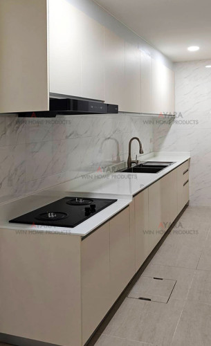 ชุดครัว Built-in โครงซีเมนต์บอร์ด หน้าบาน Melamine สีครีม ผิวส้ม - ม.Grande Pleno 1