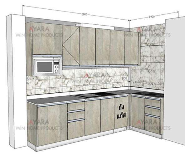 ชุดครัว Built-in ตู้ล่าง โครงซีเมนต์บอร์ด หน้าบาน Laminate สี Concrete Formwood ลายไม้ 5