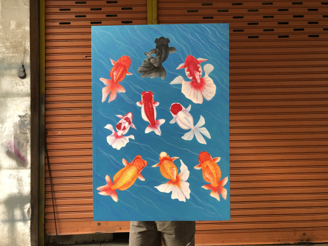 ภาพปลาทอง 9 มงคล สีน้ำมัน ก70:ย100:ล4 ซม. 1