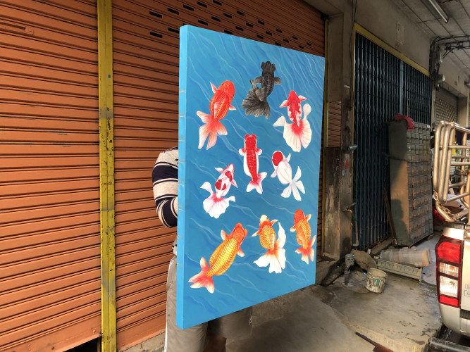 ภาพปลาทอง 9 มงคล สีน้ำมัน ก70:ย100:ล4 ซม. 2