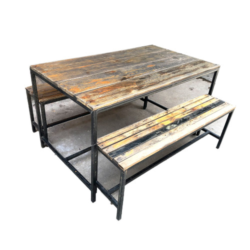 ชุดโต๊ะอาหาร พร้อมม้านั่ง ขาเหล็กอ๊อกอย่างหนา หนาไม้เนื้อหนา 