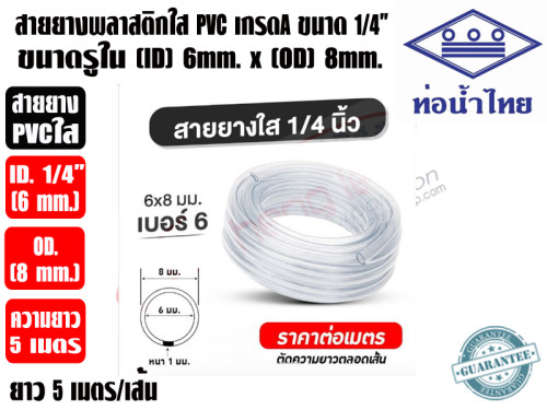 สายยางพลาสติก PVC ใส สำหรับปั๊มน้ำทิ้งแอร์ ยาว 5เมตร ขนาดรูใน (ID) 1/4