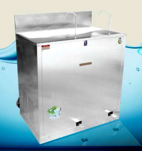 ตู้น้ำเย็นแสตนเลส รุ่นก๊อกงวง 2 หัว เท้าเหยียบ แบบต่อท่อประปา ยี่ห้อ MAXCOOL รุ่น MC-RFE2 (ไร้สัมผัส