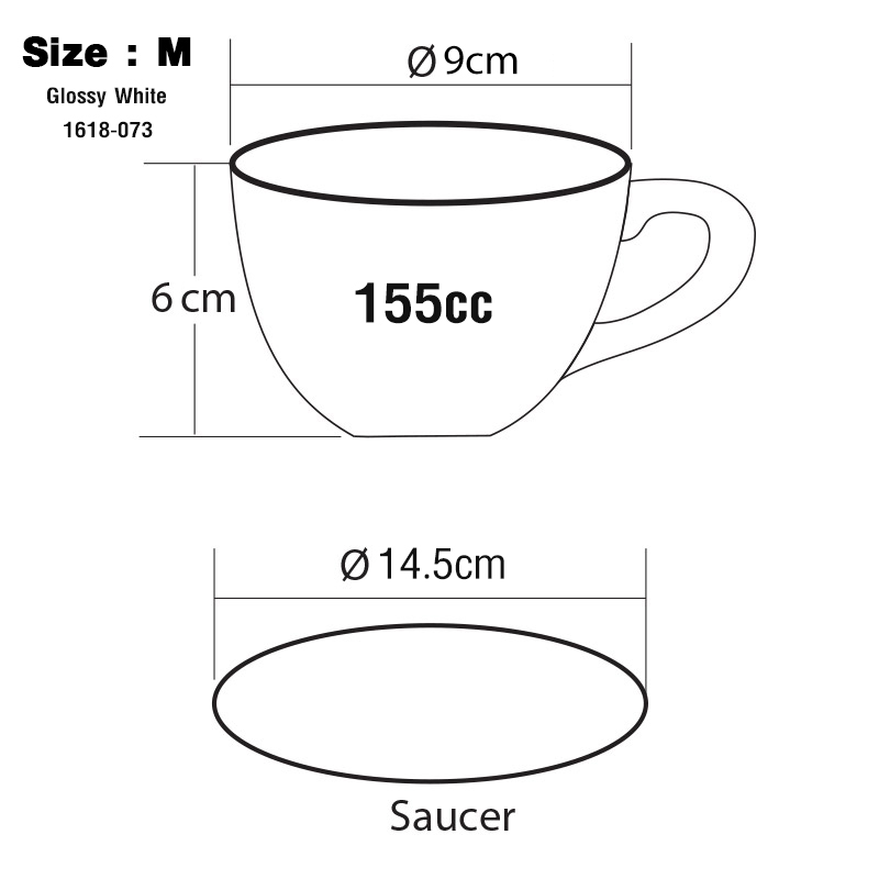 ถ้วยกาแฟ เซรามิก 155cc(M) สีขาวเงา พร้อมจานรอง 1618-073 1