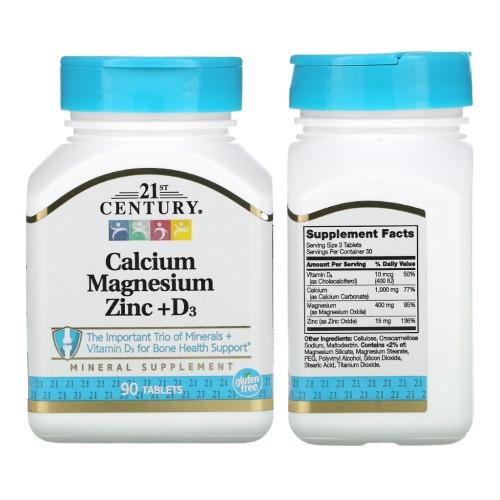 Calcium Magnesium Zinc +D3 - 21st Century แคลเซียม แมกนีเซียม ซิงค์ +D3 (90 เม็ด)