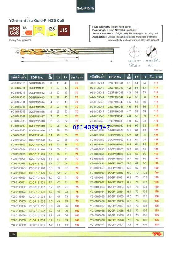 YG ดอกสว่านเคลือบไทเทเนียม GOLD-P HSS CO8 หน้า 2