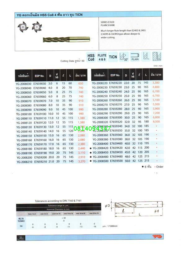 YG ดอกเอ็นมิล HSS CO8 2 ฟัน ยาว ชุบ TiCN