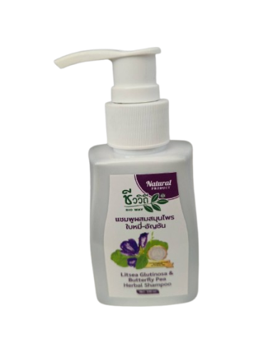 ชีววิถี แชมพูใบหมี่-อัญชัน Litsea Glutinosa & Butterfly Pea Shampoo(100ml)