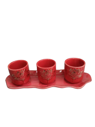 ชุดน้ำชา 3 ใบ ลายดอกบัวแดง