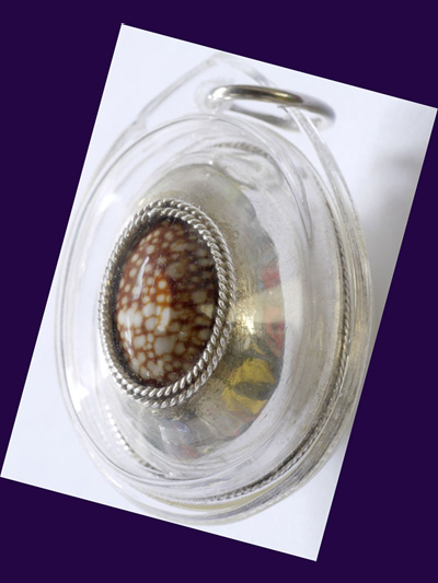 เบี้ยแก้หุ้มเงินแท้ แบบเปิดหลัง หลวงปู่เจือ วัดกลางบางแก้ว รอยจารจากหลวงปู่ครบ สุดสวยหายาก