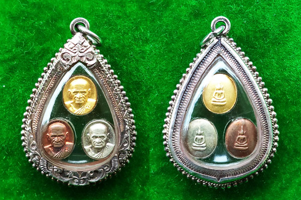 เหรียญเม็ดยา หลวงพ่อเงิน บางคลาน รุ่นพระพิจิตร พระปั๊มชุด 3 เนื้อ  ปี 2542 เลี่ยมใส่กรอบเงิน 2