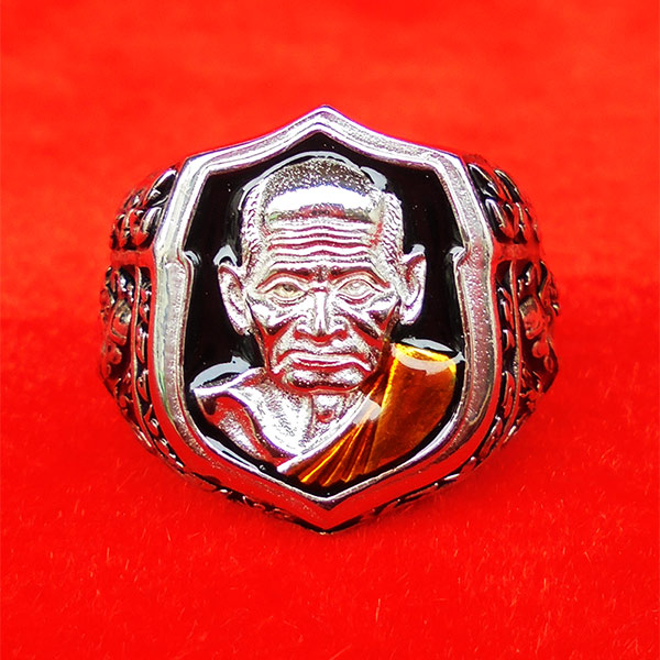 แหวนอาร์มหลวงพ่อเงินช้างคู่ รุ่นทวิกุญชรเงินมั่งคั่ง เนื้อซิลเวอร์พลัสลงยา  วัดท้ายน้ำ